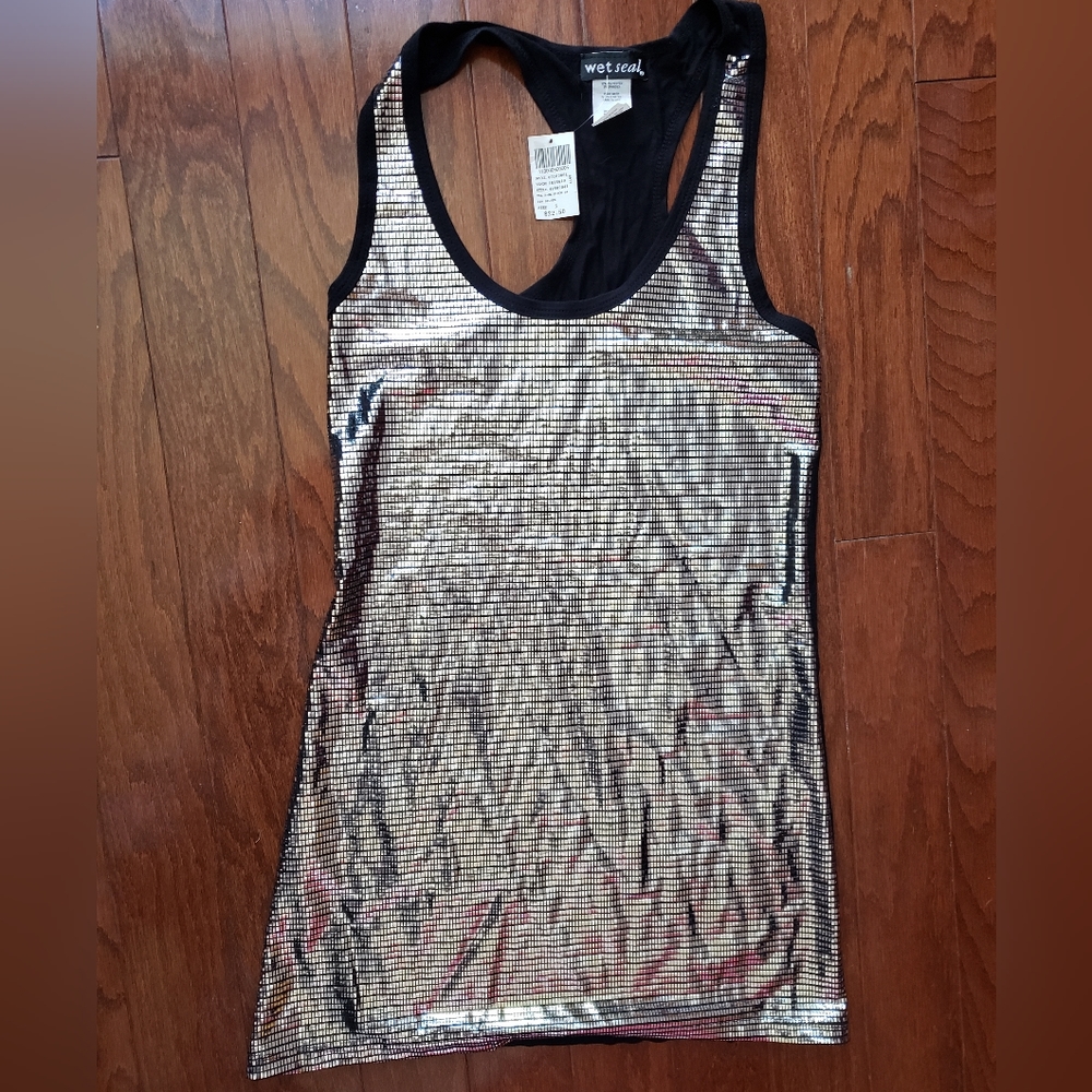 Silver disco long tank top, size Small